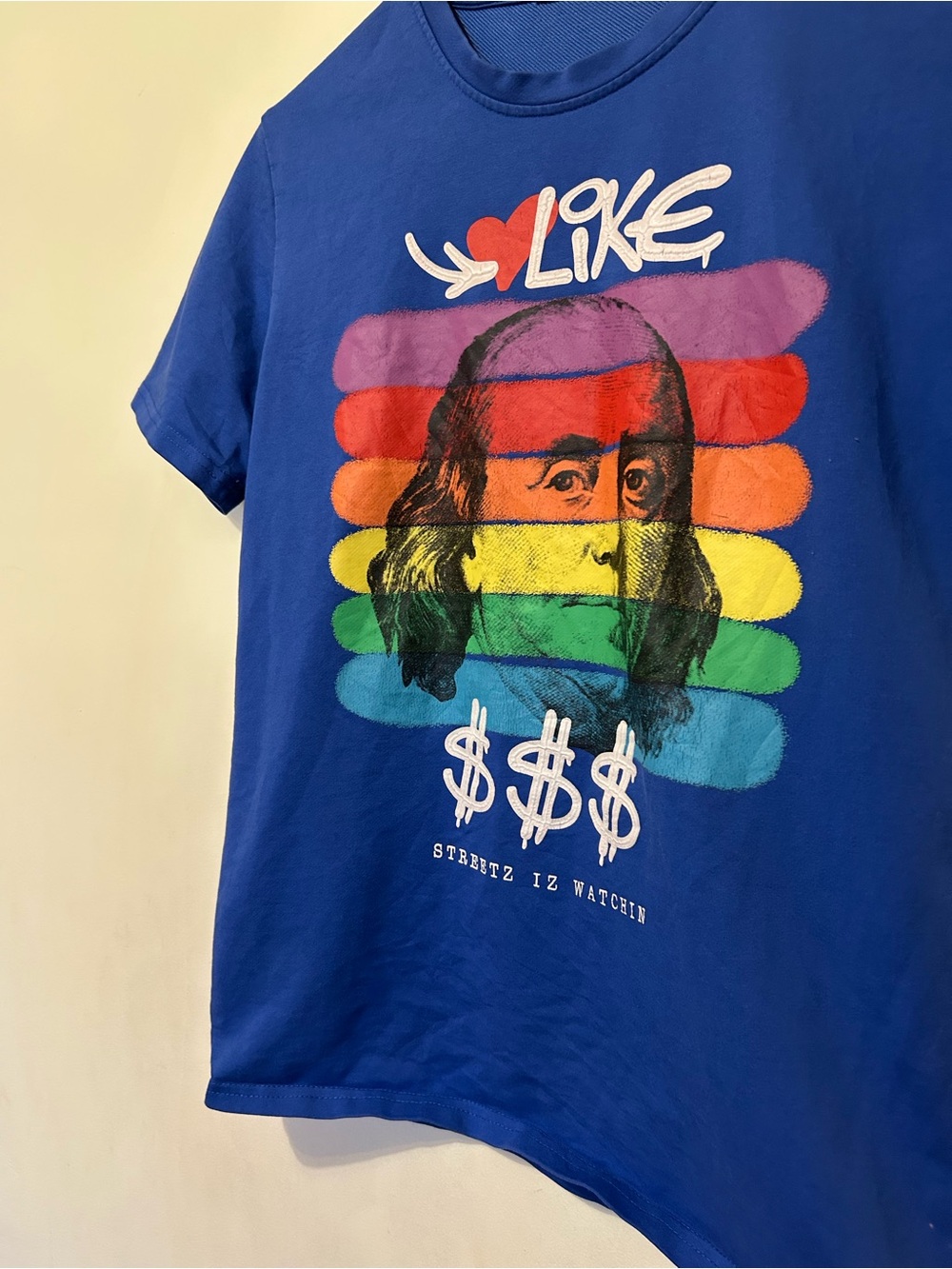 Streetz  Iz IWatchin Blue Short-Sleeve Graphic Tee Sz S w/ Benjamin Print